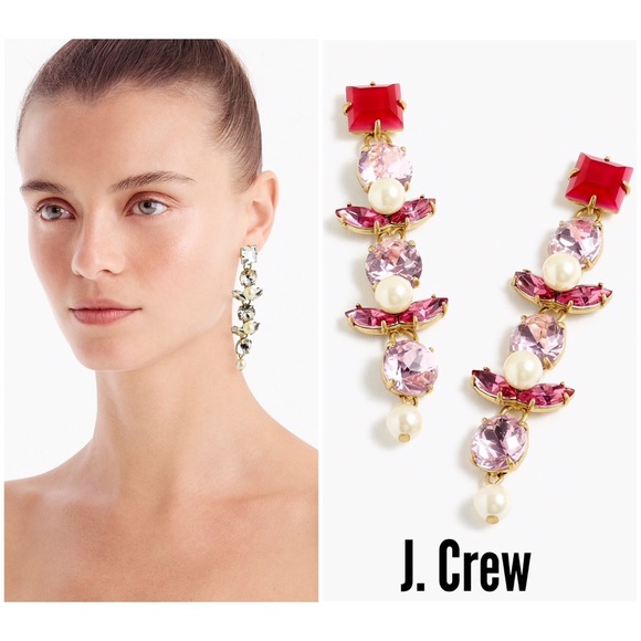 NWT J. CREW Pink Crystal and Pearl Drop Earrings - Picture 2 of 2